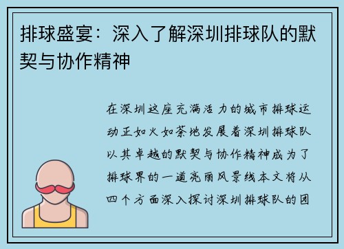 排球盛宴：深入了解深圳排球队的默契与协作精神